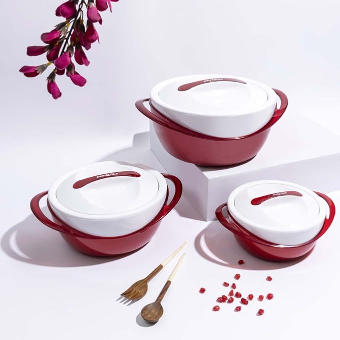 Pinnacle Panache Inner Stainless Steel Casserole Set of 3 | 600 ml, 1200 ml, 2500 ml | Hot Box | Roti Box | Ideal as Serving Bowl | Teal (Red) Pinnacle Panache Inner Stainless Steel Casserole Set of 3 | 600 ml, 1200 ml, 2500 ml | Hot Box | Roti Box | Ideal as Serving Bowl | Teal (Red)